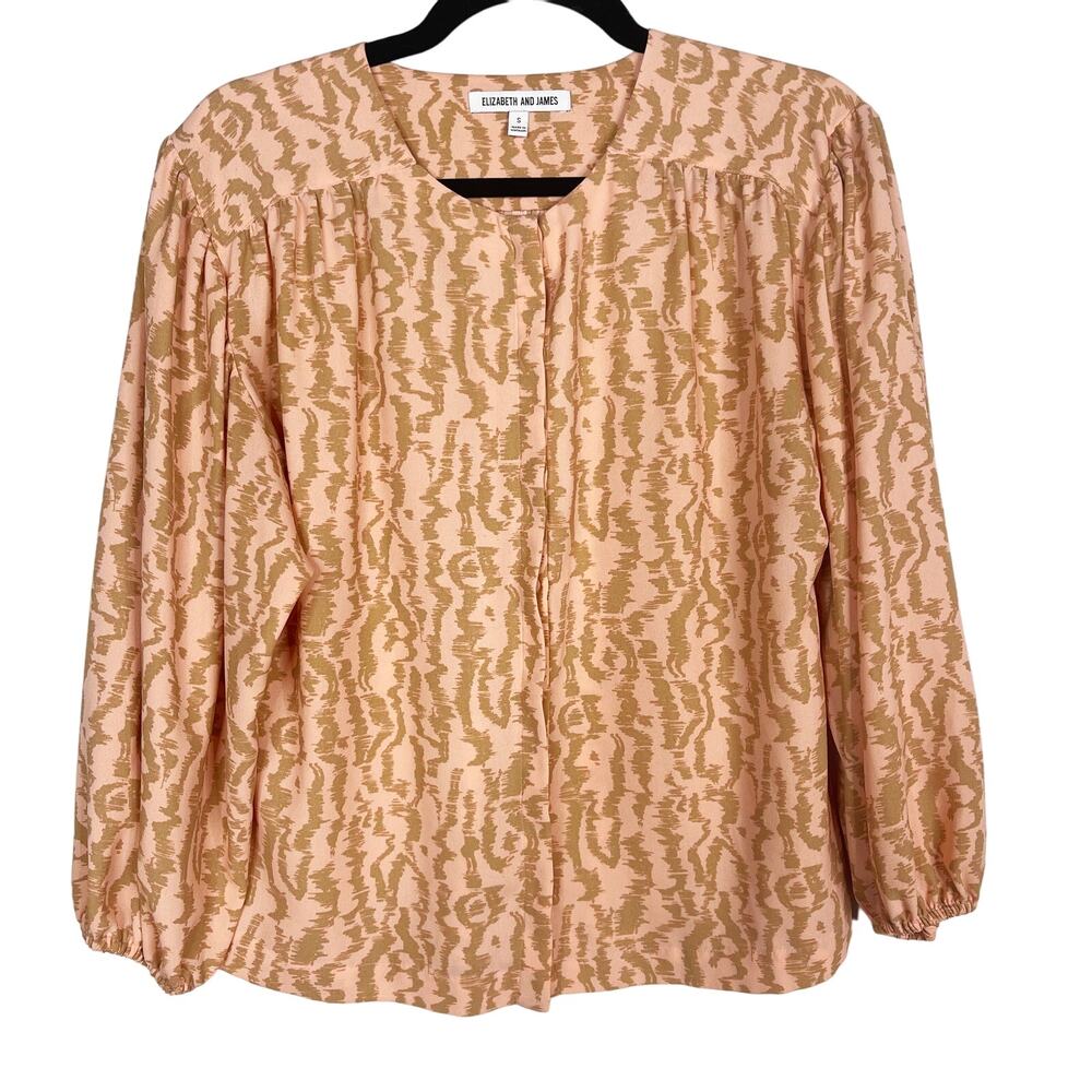 Elizabeth and James Small Peach Coral Tan Animal Print Blouse Top Hidden Button